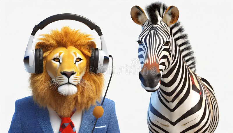 Anthropomorphic Lion With Bauhaus Headphone And Zebra vector illustration