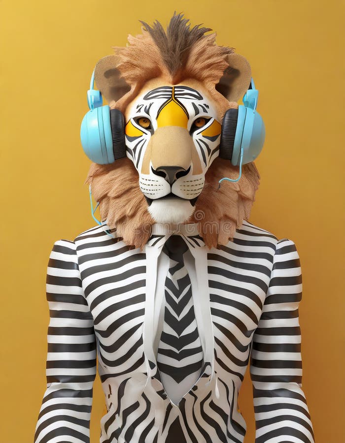 Anthropomorphic Lion With Bauhaus Headphone And Zebra stock illustration