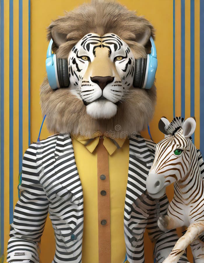 Anthropomorphic Lion With Bauhaus Headphone And Zebra vector illustration