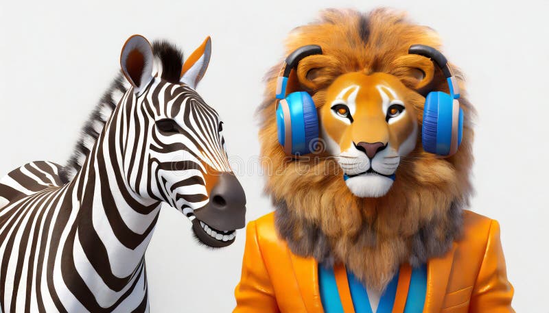Anthropomorphic Lion With Bauhaus Headphone And Zebra stock illustration