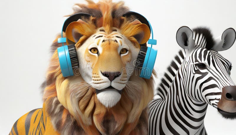 Anthropomorphic Lion With Bauhaus Headphone And Zebra stock illustration