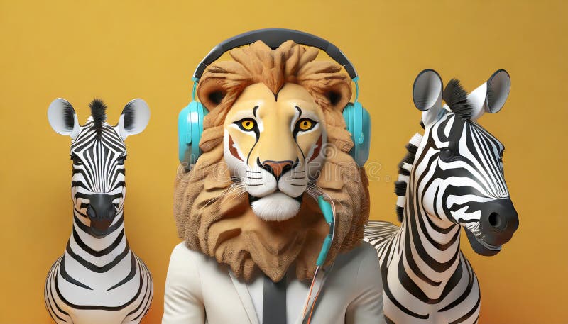 Anthropomorphic Lion With Bauhaus Headphone And Zebra stock illustration
