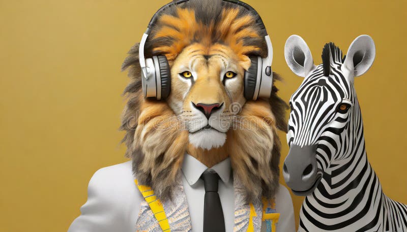 Anthropomorphic Lion With Bauhaus Headphone And Zebra vector illustration