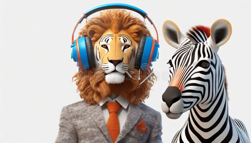Anthropomorphic Lion With Bauhaus Headphone And Zebra vector illustration