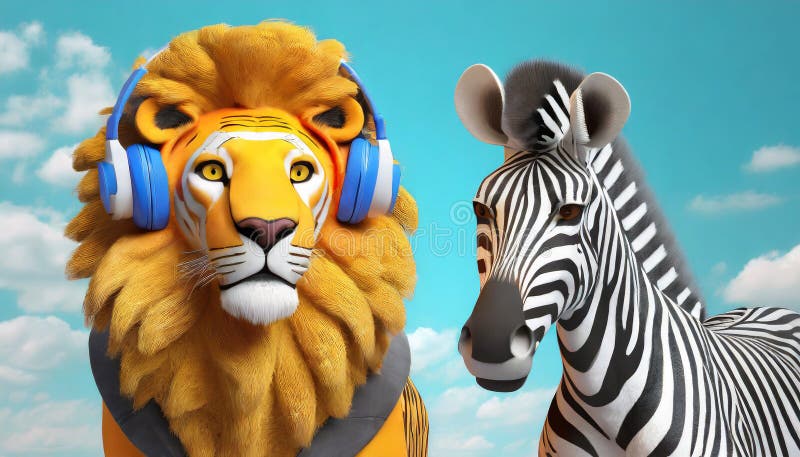 Anthropomorphic Lion With Bauhaus Headphone And Zebra royalty free illustration
