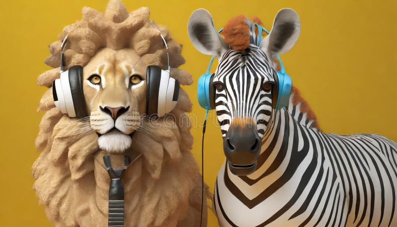Anthropomorphic Lion With Bauhaus Headphone And Zebra stock illustration