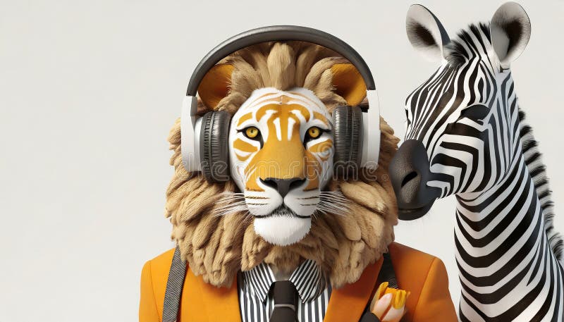 Anthropomorphic Lion With Bauhaus Headphone And Zebra stock illustration