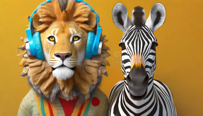 Anthropomorphic Lion With Bauhaus Headphone And Zebra royalty free illustration