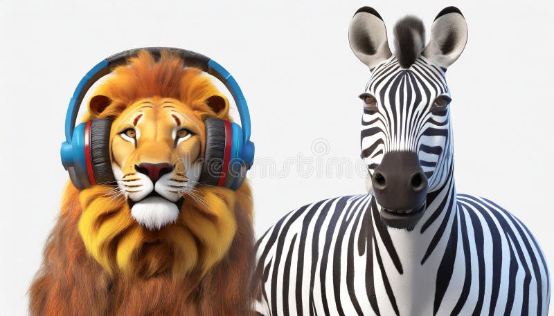 Anthropomorphic Lion With Bauhaus Headphone And Zebra stock illustration