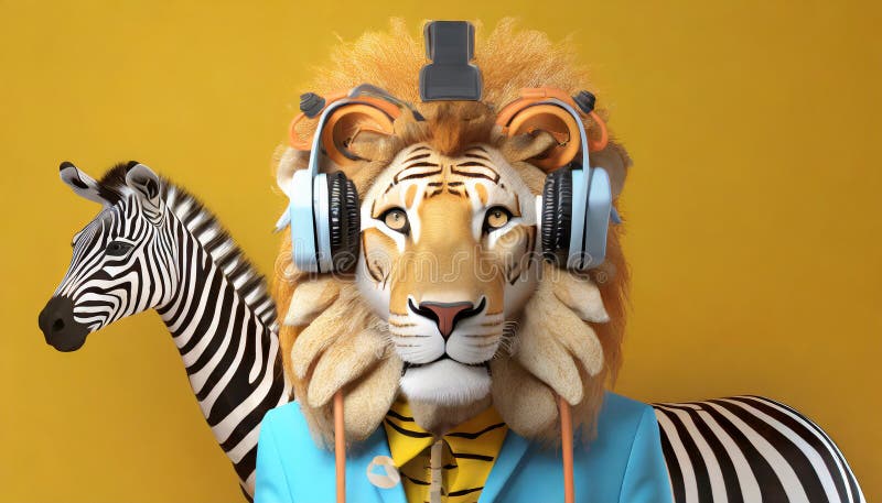Anthropomorphic Lion With Bauhaus Headphone And Zebra royalty free illustration