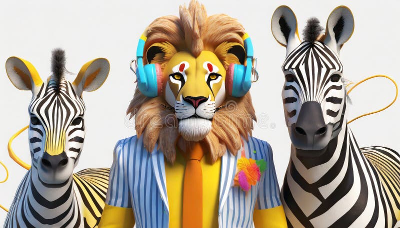 Anthropomorphic Lion With Bauhaus Headphone And Zebra vector illustration