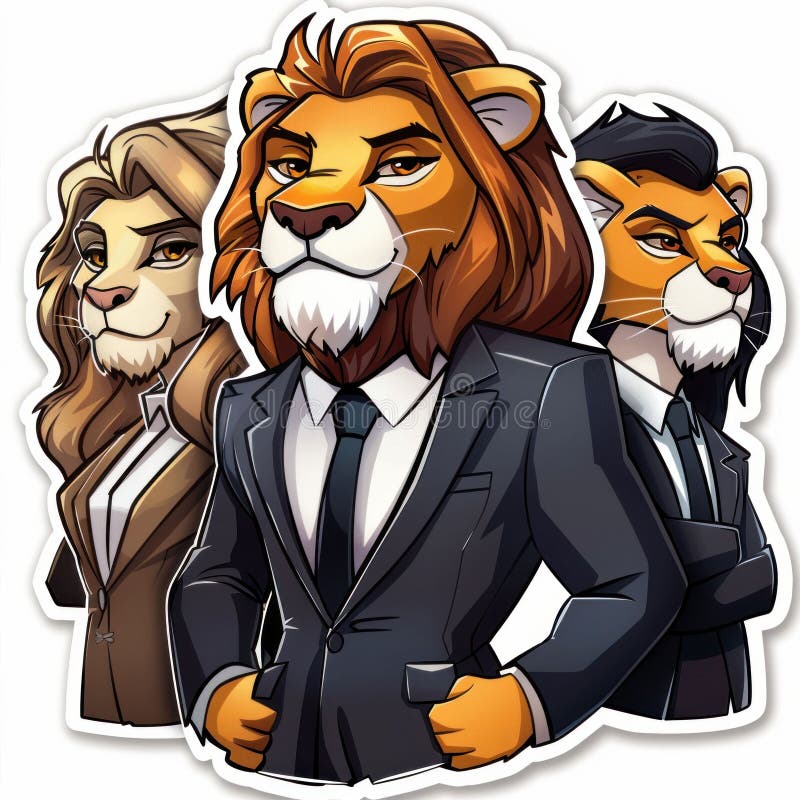 Anthropomorphic Lion Business Team. Generative ai stock illustration