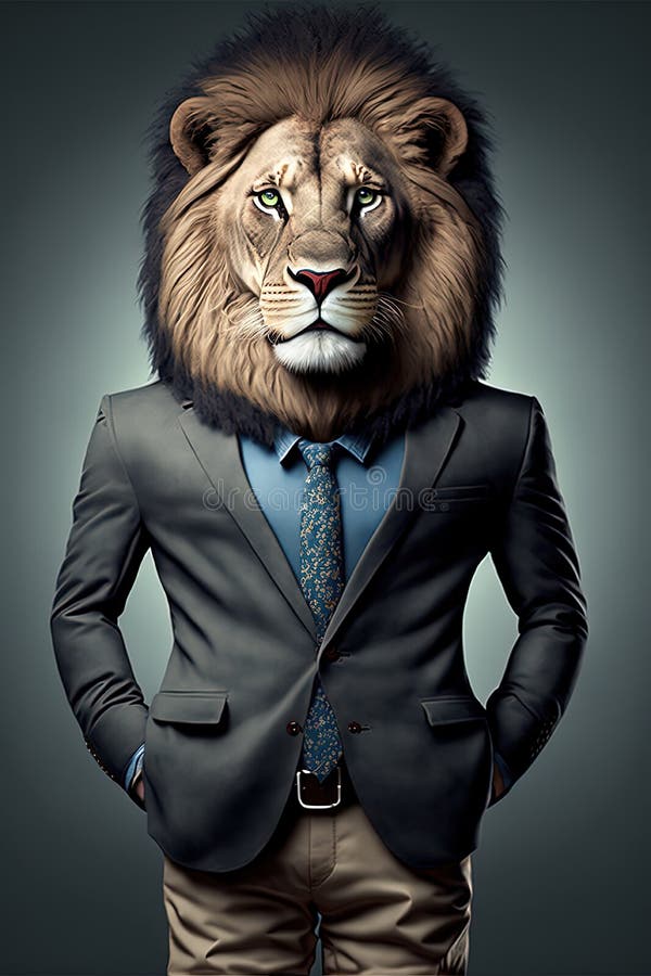 Anthropomorphic lion head portrait in elegant business suit. Generative Ai stock illustration