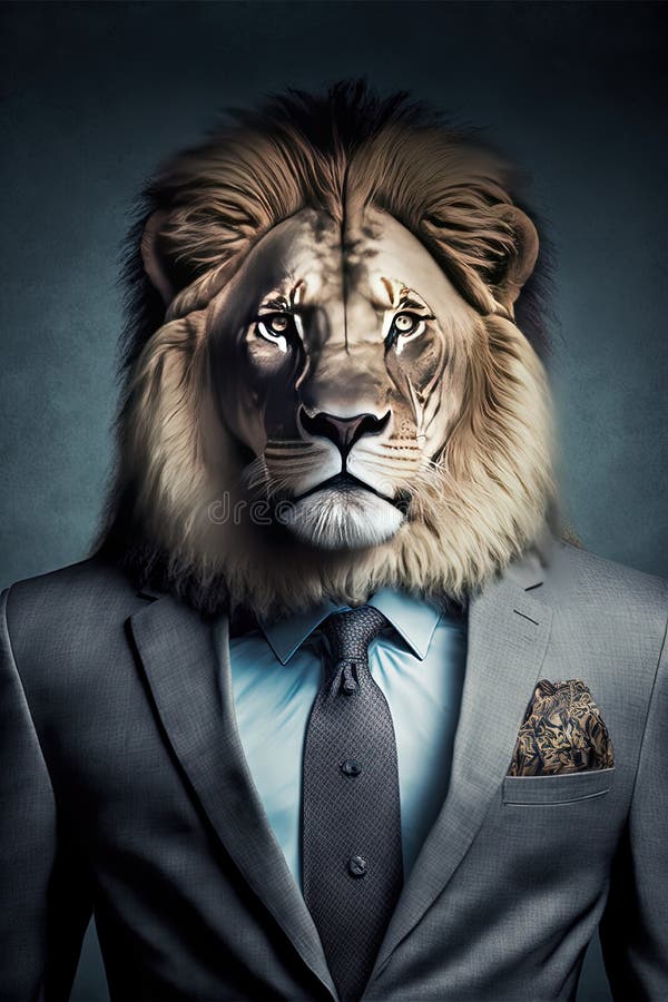 Anthropomorphic lion head portrait in elegant business suit. Generative Ai vector illustration