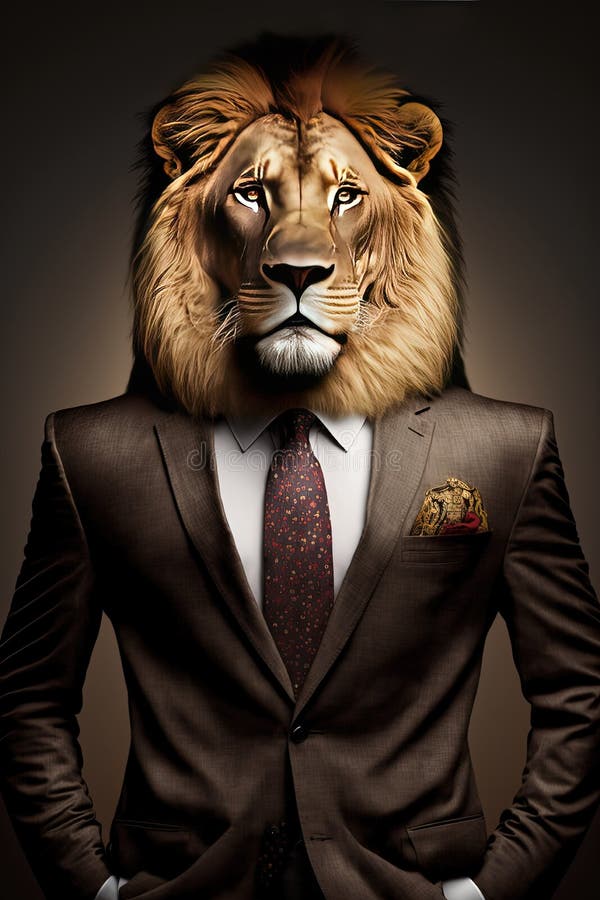 Anthropomorphic lion head portrait in elegant business suit. Generative Ai stock illustration