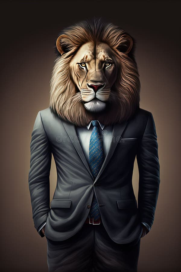 Anthropomorphic lion head portrait in elegant business suit. Generative Ai vector illustration