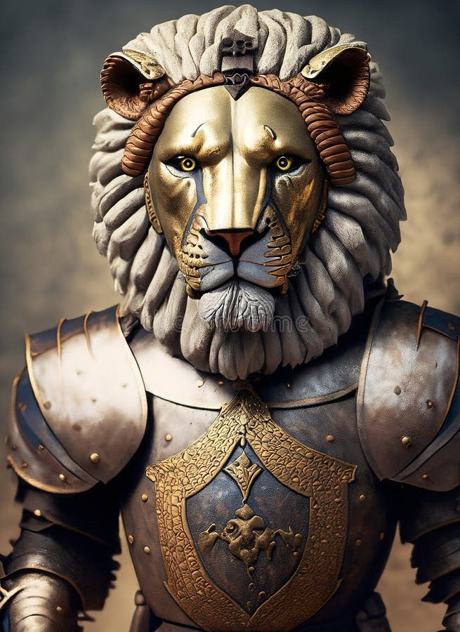 Anthropomorphic lion in a medieval armor, fantasy warrior, generative ai illustration vector illustration