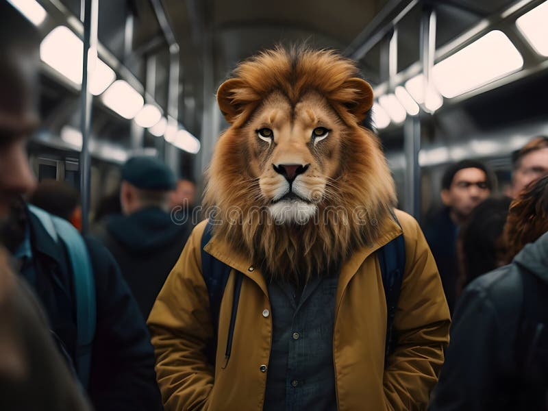 Anthropomorphic lion in modern clothes standing inside the train of a crowded subway. royalty free illustration