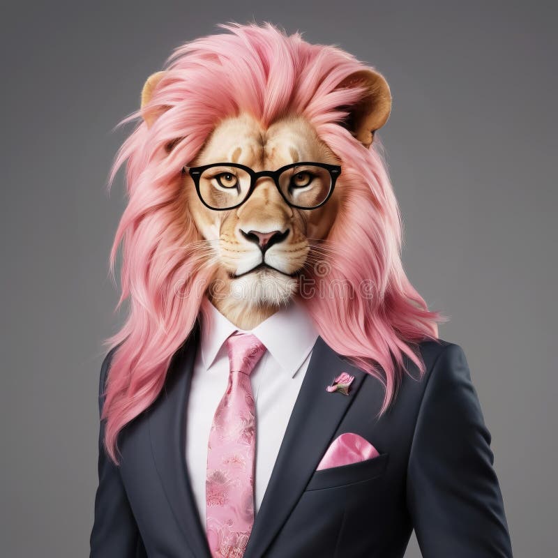 Anthropomorphic lion with pink mane dressed in elegant business suit stock illustration