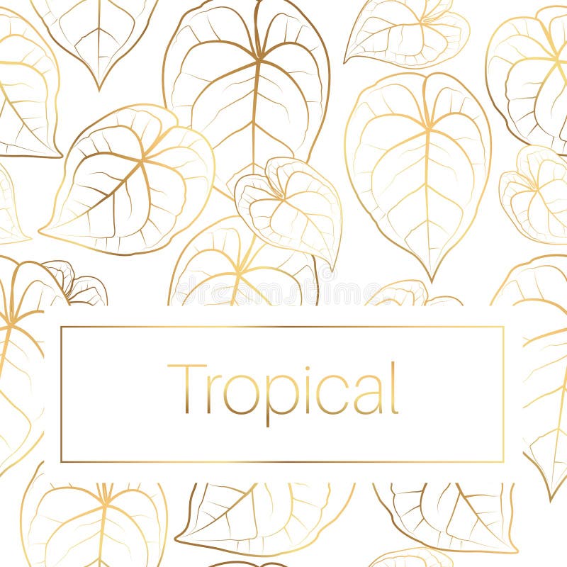 Anthurium tailflower leaves pattern with tropical text placeholder. Bright shiny golden gradient on white background. vector illustration