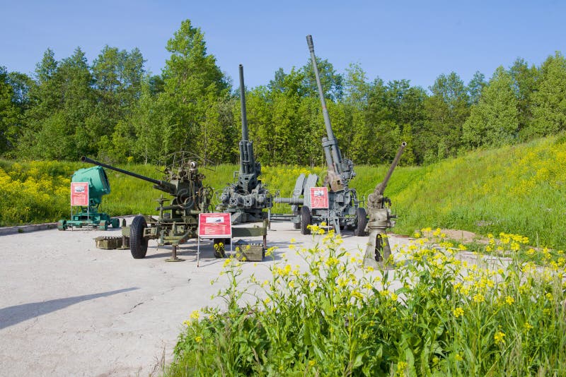Anti-aircraft artillery exposition in the Patriot park. Kronstadt royalty free stock images Anti-aircraft artillery exposition in the Patriot park. Kronstadt royalty free stock images