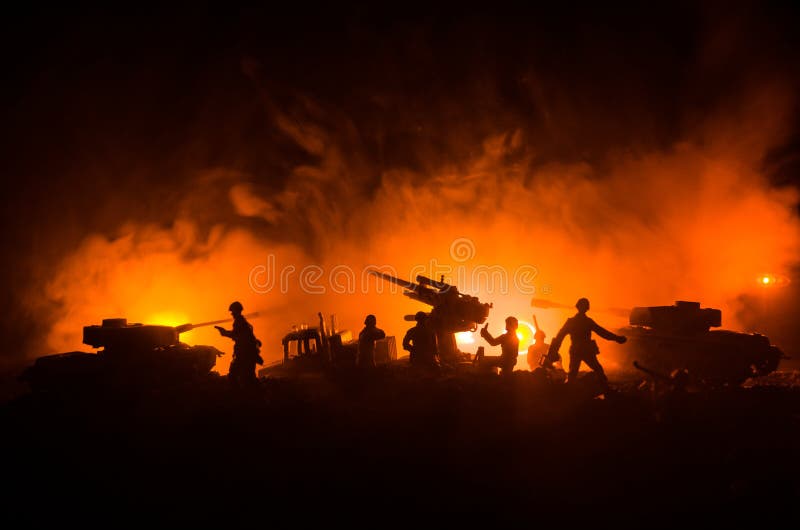 An Anti-aircraft Cannon and Military Silhouettes Fighting Scene on War Fog  Sky Background, World War Soldiers Silhouettes Below Cl Stock Image - Image  of defense, fight: 107674971
