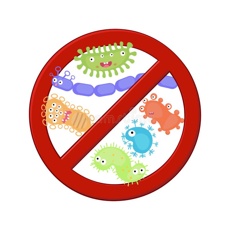 Antibacterial Sign with a Set of Cartoon Bacteria. Stock Vector