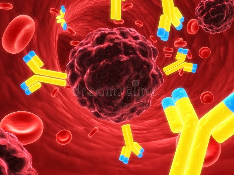 Tridimensional fusionado vista de cerca de anticuerpos a cáncer células.