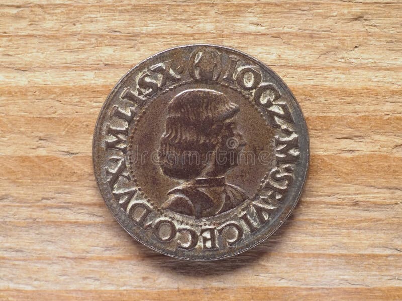 Ancient Milanese testone coin {ovb} showing reverse showing Ludovico Maria Sforza aka Ludovico il Moro. Ancient Milanese testone coin {ovb} showing reverse showing Ludovico Maria Sforza aka Ludovico il Moro