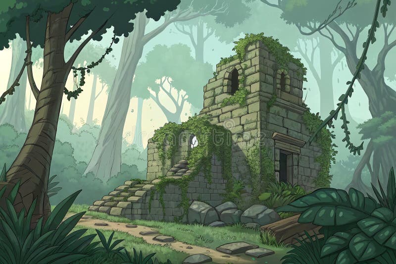 Antiche rovine circondate da una giungla di Lush con vigneti in sovrapproduzione e Pathway nella foresta di Tranquil illustrazione vettoriale