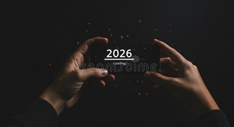 New year 2026 loading concept on smartphone held by hands on dark background future technology. anticipating the arrival of the new year 2026 hands hold a smartphone displaying a loading bar symbolizing progress towards the future of technology and digital advancement.