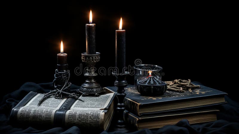 Mystical ancient occult spellbook with burning candles in a dimly lit dark room for magic ritual. High quality photo AI generated. Mystical ancient occult spellbook with burning candles in a dimly lit dark room for magic ritual. High quality photo AI generated