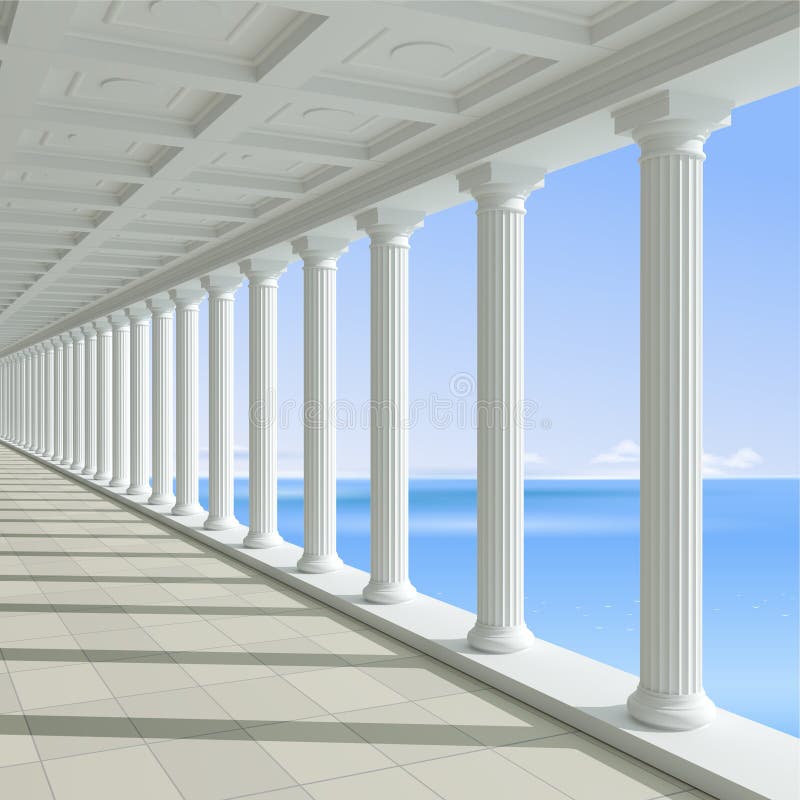 3d illustration. Antique colonnade on a background of blue sea. Hotel or Palace. Classic architecture. 3d illustration. Antique colonnade on a background of blue sea. Hotel or Palace. Classic architecture