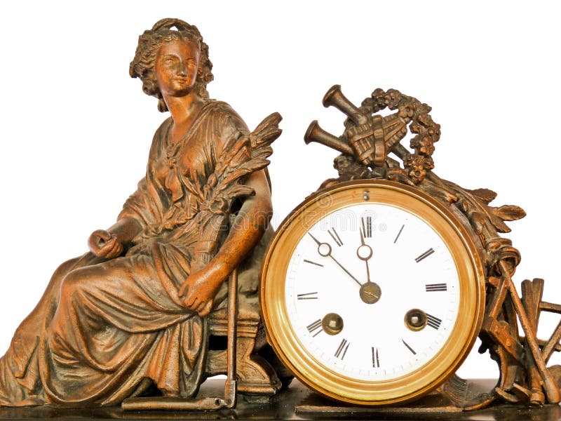 Antieke klok met de zitting en de muziekinstrumenten van de messingsvrouw