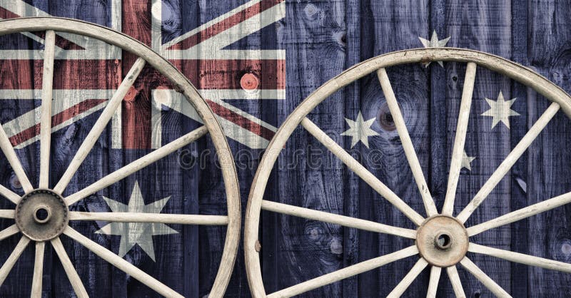 Antieke Wagenwielen met de vlag van Australië royalty-vrije stock afbeeldingen Antieke Wagenwielen met de vlag van Australië royalty-vrije stock afbeeldingen