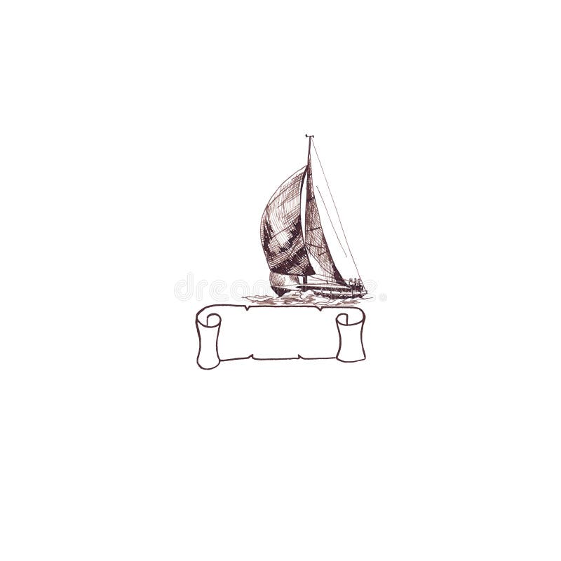Antieke wijnoogst van het schip wervelde de varende jacht met Lintkader de bruine tekening van de inkthand stock illustratie Antieke wijnoogst van het schip wervelde de varende jacht met Lintkader de bruine tekening van de inkthand stock illustratie