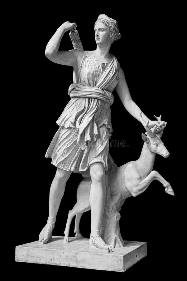 Ancient sculpture Diana Artemis. Goddess of of the moon, wildlife, nature and hunting. Classic white marble statuette isolated on black background. Ancient sculpture Diana Artemis. Goddess of of the moon, wildlife, nature and hunting. Classic white marble statuette isolated on black background.