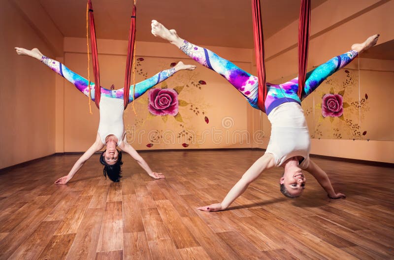Antigravity yoga at hammock royalty free stock images