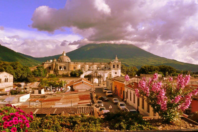 San Francisco Convent with volcano. San Francisco Convent with volcano