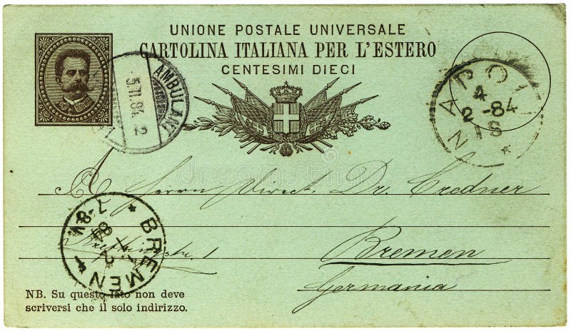 Antique italian postcard from 1884, sent to an address in Germany. Frontside. Antique italian postcard from 1884, sent to an address in Germany. Frontside