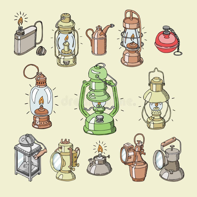 Antik ljus lampa för lyktavektor eller tappningtändare eller ficklampa för att tända den lightish uppsättningen för illustration vektor illustrationer Antik ljus lampa för lyktavektor eller tappningtändare eller ficklampa för att tända den lightish uppsättningen för illustration vektor illustrationer