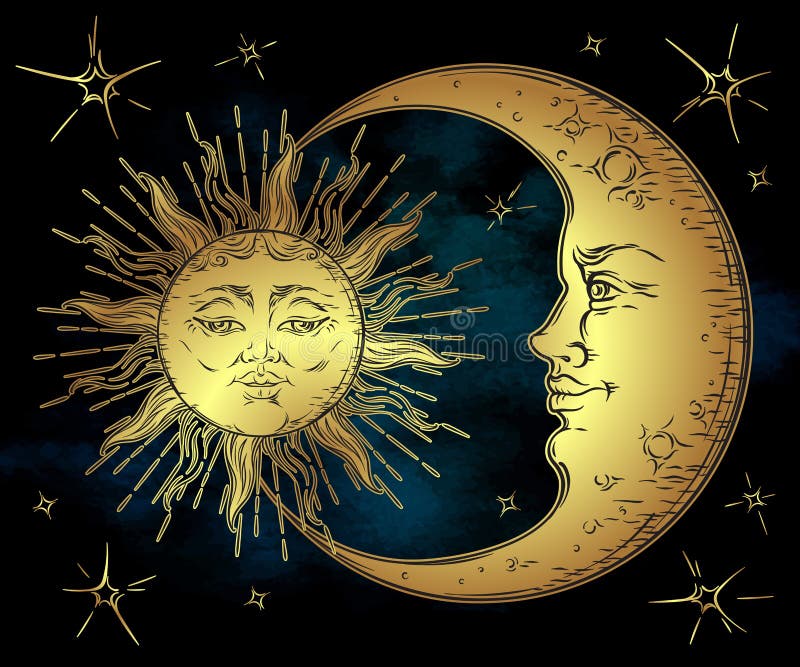 Antik sol för konst för stil hand dragen guld-, växande måne och stjärnor över himmel för blå svart Boho chic designvektor royaltyfri illustrationer
