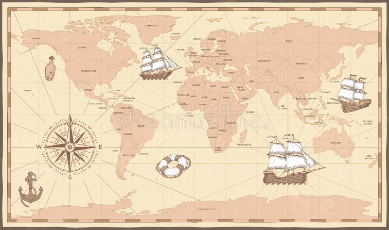 Antike Weltkarte Weinlesekompaß und Retro- Schiff auf alter Seekarte Vektorillustration der alten Länder Grenz