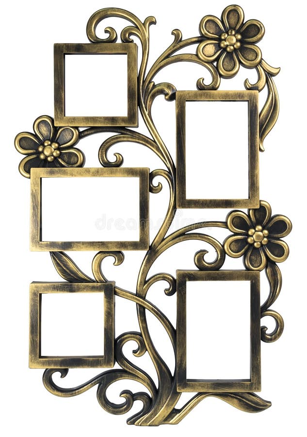 Antiker goldener Fotorahmen mit Elementen der geschmiedeten Blumenverzierung Stellen Sie 5 fünf Rahmen ein Getrennt auf weißem Hi