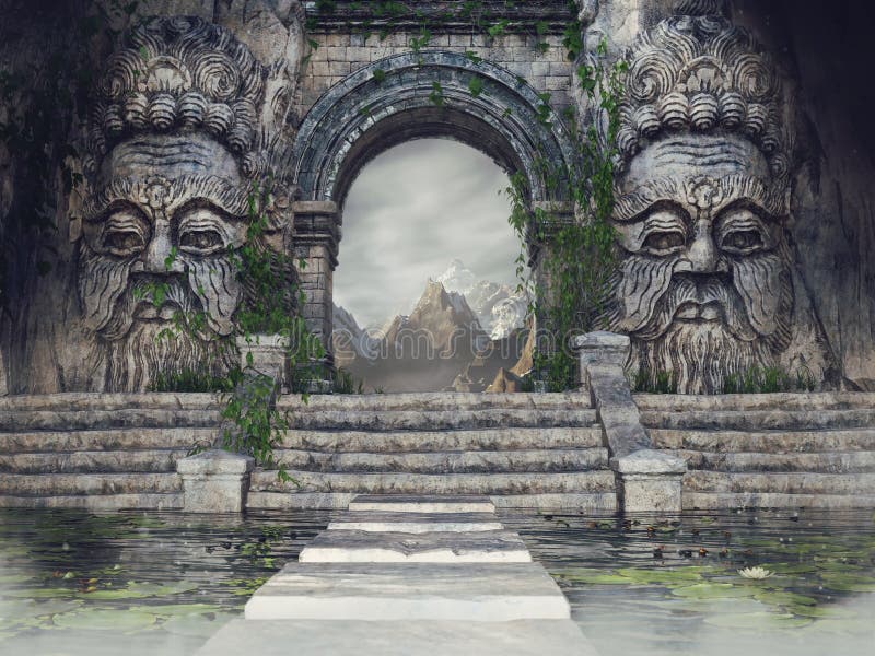 Antiker Tempel mit Steinköpfen stock abbildung