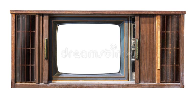 Vintage television - antique wooden box television with cut out frame screen isolate on white with clipping path for object, retro technology. Vintage television - antique wooden box television with cut out frame screen isolate on white with clipping path for object, retro technology