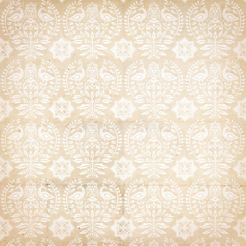 Folk antique damask vintage patterned background with bird - white on tan. Folk antique damask vintage patterned background with bird - white on tan