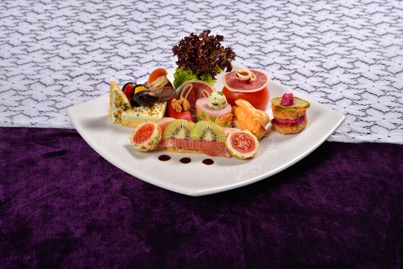Antipasto and Catering Platter with Different Appetizers Stock Photo