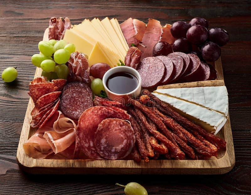 Antipasto per il catering con salami al latte e uve su un fondo di legno. Un piatto di legno rotondo mostra un assortimento di oggetti di antipasto. Le fette di carne guarita, compresi i salami e i peperoni, sono disposte in modo ordinato accanto a strisce di pancetta. Un ammasso di uve rosse aggiunge colore e freschezza. Le siepi triangolari del formaggio, compresa una varietà di formaggio bianco di crema, ricoperta di erbe, integrano il display con fette di formaggio svizzero ricche di buchi. Un piatto centrale contiene olive verdi che arricchiscono il tema del Mediterraneo. L'aratro è posto su uno sfondo di legno scuro che evidenzia le tonalità vivide del cibo Generato