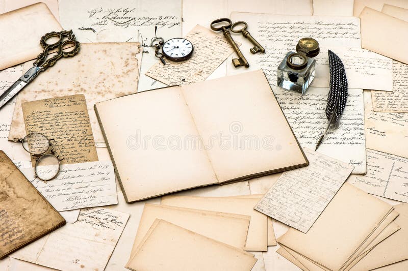 Antique accessories, old letters, diary book and vintage ink pen